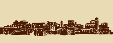 Yaşlı Orta Doğu antik Türkiye şark palmiye ağaç oasis sahne görünümü vintage tower konut ile. Mürekkep elle çizilmiş resim kroki için beyaz gökyüzü üzerinde metin yer ile grafik stili oyma retro anahat