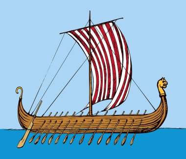 Yüzyıl ahşap kürek Kalyon ile kalkan tüccar ticaret veya üzerinde mavi arka plan izole kolonizasyon için geçmiş arkaik. Parlak renkli el çizilmiş resim simgesi Eskiz sanat retro karikatür grafik tarzı