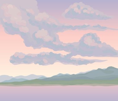 Akış banka sis sahne görünümü pembe cennet zemin üzerinde. Parlak kasvetli renk elle çizilmiş gale rocky mount resim kroki resim sanat karikatür grafik tarzı. Boşaltmak için metin ile panoramik rüzgarlı sahne