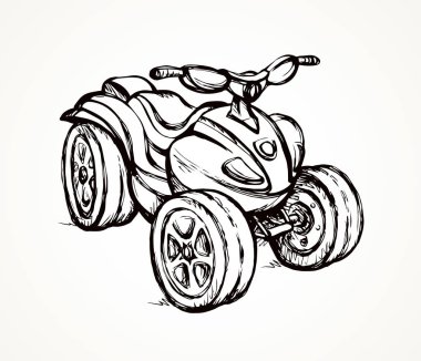 Üç tekerlekli kuadbike motor makinesi açık çöl arka planında. Anahat siyah mürekkep el çizilmiş eğlenceli off-road dört-track lastik scooter logo tasarımı modern sanat karalama tarzı kalem metin alanı üzerine