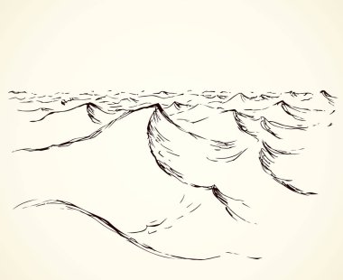Zirve manzarası sahne. Anahat siyah kalem mürekkep el sıcak küresel kum fırtınası işareti simgesi simgesi sanat yarım yamalak doodle vintage karikatür tarzı çekilmiş. Işık kağıt zemin üzerinde metin için yer ile doğal satır görünümü