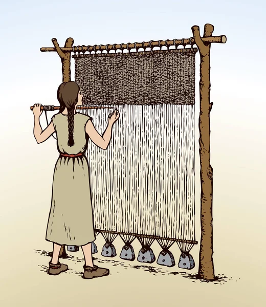 Junge Wikingerinnen Einfachen Kleidern Flechten Auf Archaischen Primitiven Strickmaschinen Isoliert — Stockvektor