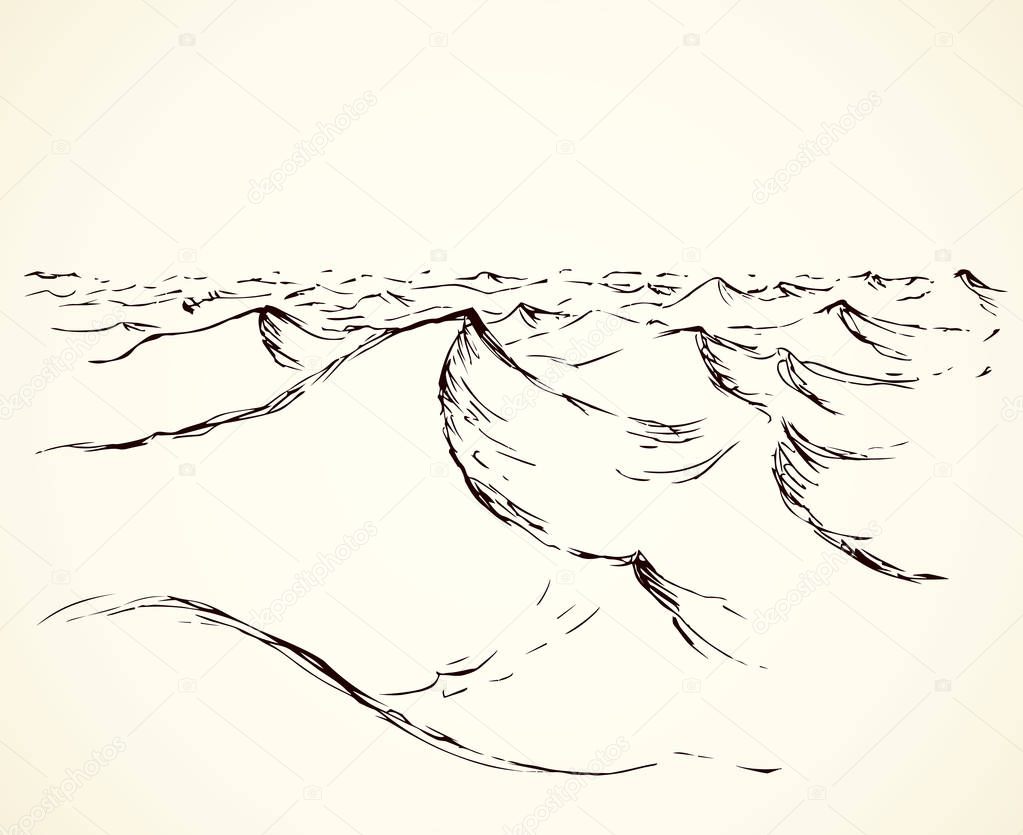 Peak skyline scenery. Outline black pen ink hand drawn warm global sandstorm sign icon symbol sketchy in art doodle vintage cartoon style. Scenic line view with space for text on light paper backdrop