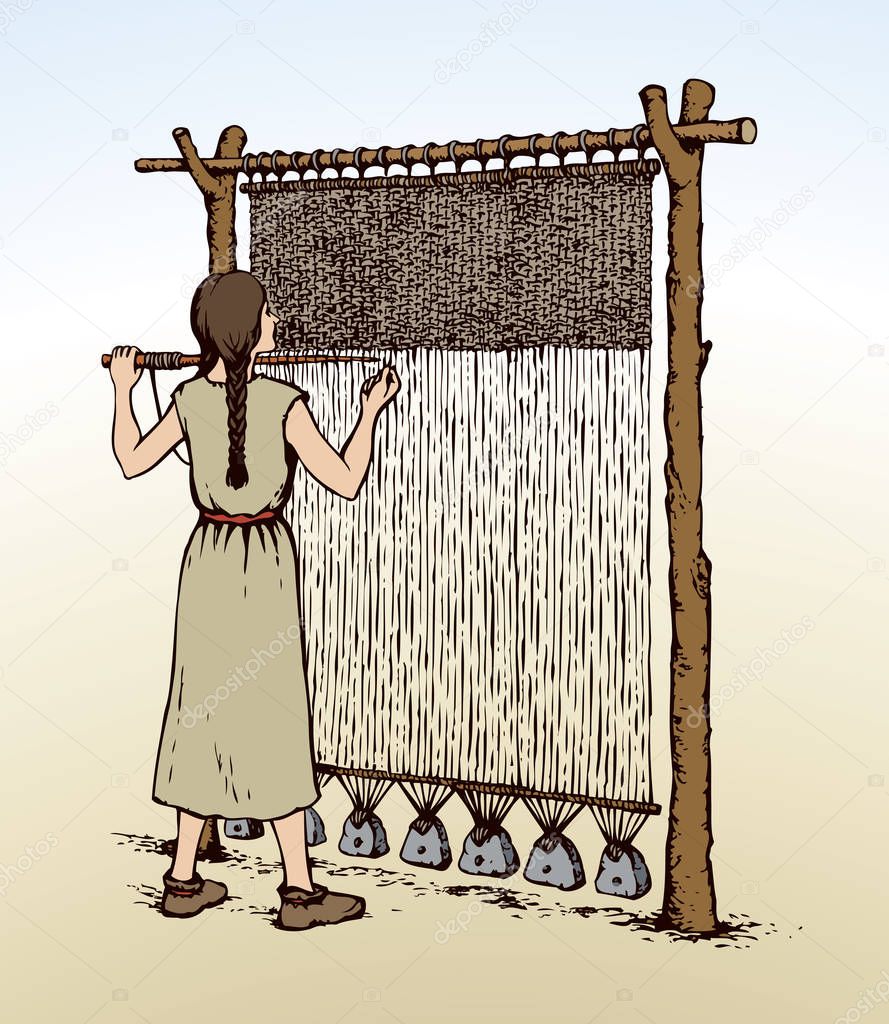 Young viking female in simple dress braid on archaic primitive knitting machine isolated on white backdrop. Freehand outline ink drawn picture sketch in retro art engraving style with space for text