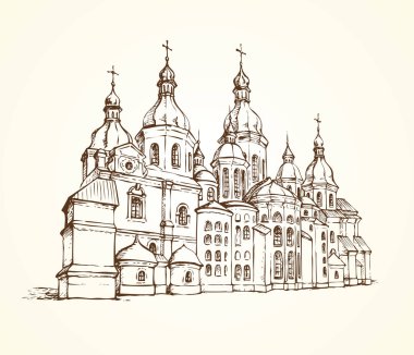 Kiev, Ukrayna St. Sophia Katedrali. Tarzı metin için yer beyaz zemin üzerine izole kağıt kalem çizimi çizilmiş vektör tek renkli serbest