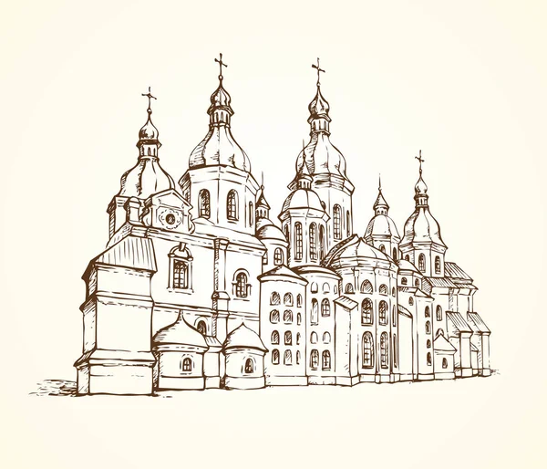 ウクライナ キエフの聖ソフィア大聖堂 ベクトル モノクロ フリーハンド描画スタイルのテキストのためのスペースと白い背景で隔離紙の上にペンでスケッチ — ストックベクタ