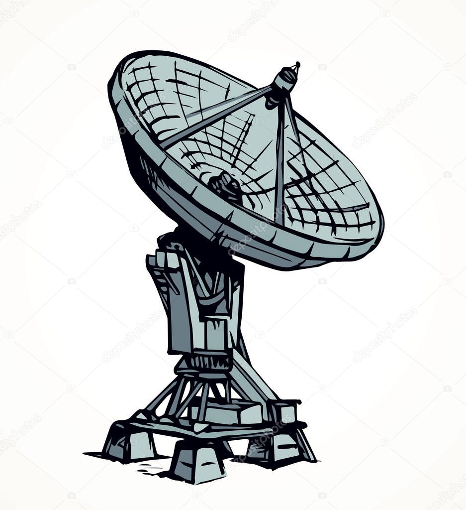 Big modern worldwide aerial C band tv tower system isolated on white background. Freehand outline ink hand drawn picture sign sketchy in art scribble retro style pen on pap with space for text on sky