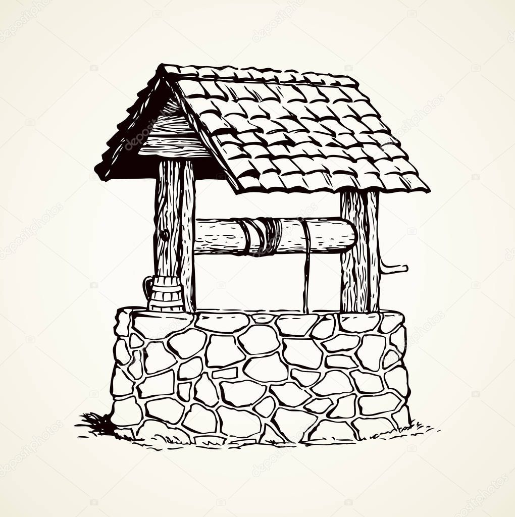 Vintage rusty stone well covered tiled roof in green village yard. Vector monochrome freehand linear ink drawn background sketchy in art scribble antique style pen on paper with space for text on sky