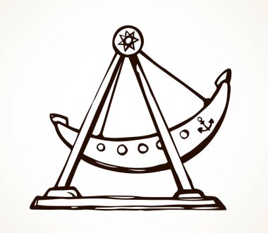 Büyük, komik, çocuksu Viking gemisi gökyüzünde yükseliyor. Ana hatları siyah mürekkep ile çizilmiş büyük sirk hareketi amblem amblemi retro sanat çizim tarzı kalem kağıt üzerine metin alanı