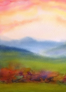 Renkli el yapımı suluboya romantik zemin üzerinde pembe cennet metin için yer ile. Işık yeşil otlak dik ve çalılar üzerinde yaz canlı gün batımından güneşli pus içinde yüksek bağlar. Parlak kırsal sahne