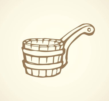 Ahşap tahta tun fıçı beyaz banya zemin üzerinde temizlik antik büyük kırsal KDV. Serbest çizim siyah mürekkep el çizim nesnesini logo işareti amblemi sanat antika doodle gravür tarzı kalem kağıt alanı metin içinde