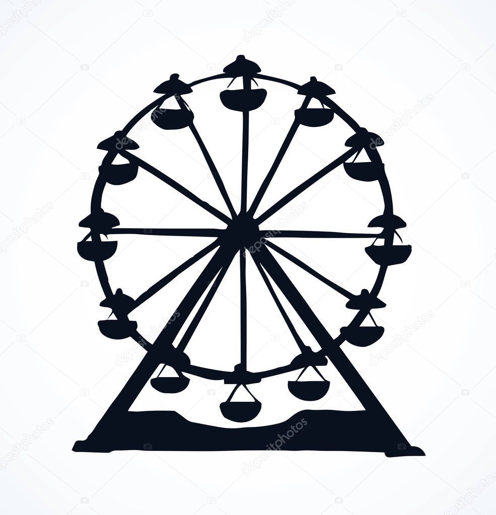 Large circular line move up funny kid Ferriswheel game picture draw on white paper space for text. Outline black ink hand drawn happy family luna movement joy car logo emblem in retro art doodle style