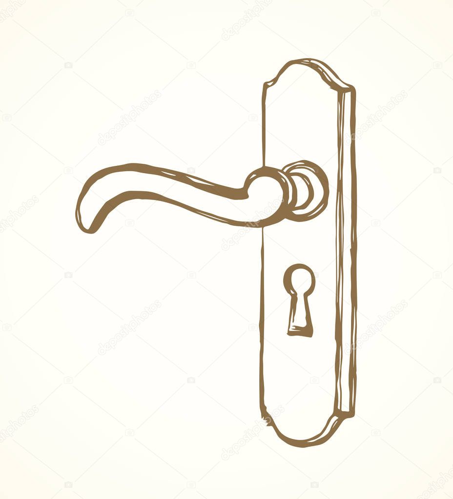 Aged rusty iron doorhandle padlock design set on white backdrop. Outline black ink hand drawn luxury come object logo pictogram in modern art doodle cartoon style on paper space for text. Closeup view