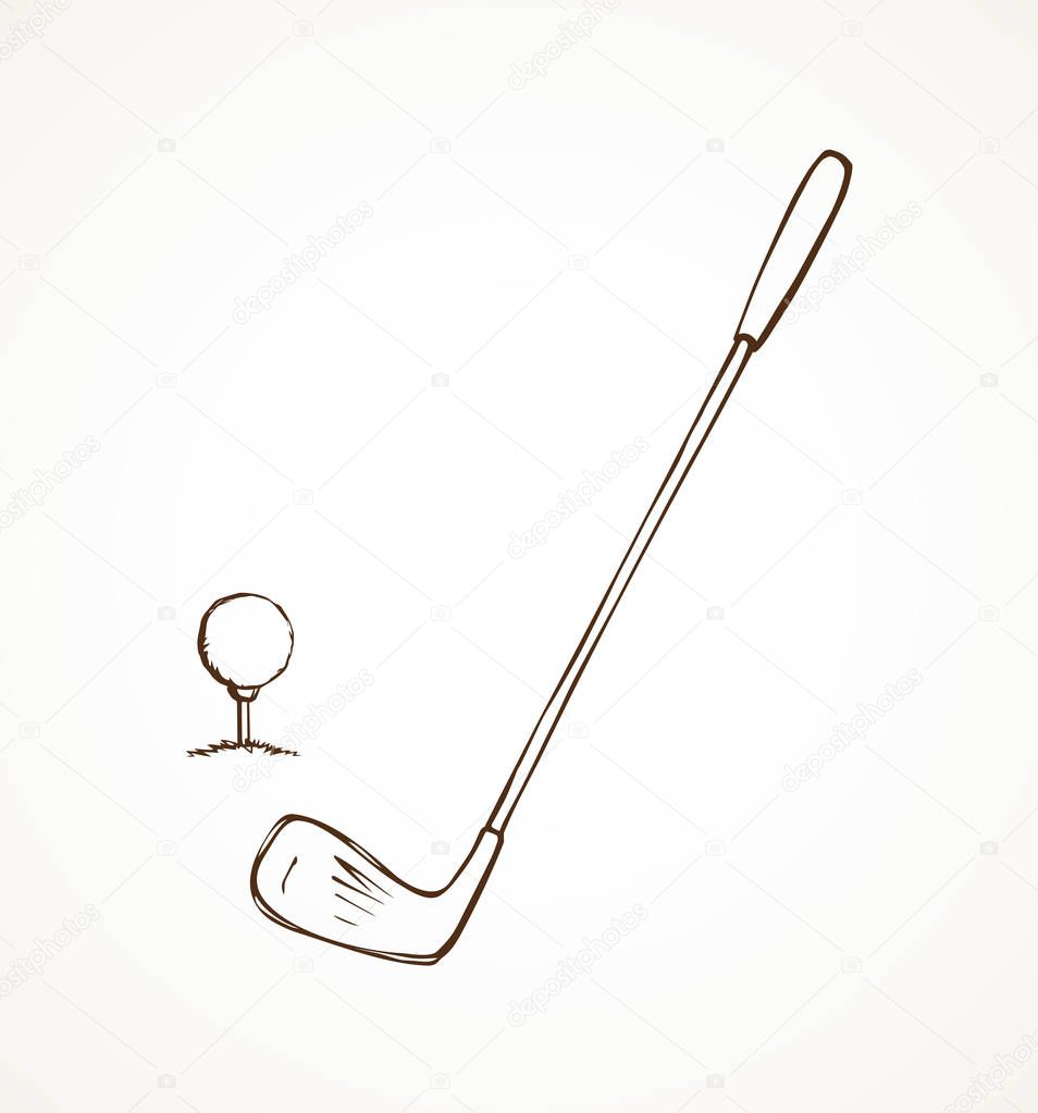 Quirky cute old bogey birdie accessory on white backdrop. Freehand line black ink hand drawn win pin object logo emblem sketchy in retro art doodle engraved style pen on paper space for text. Close up