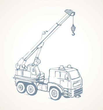 Büyük uzun pergel montaj yüksekliği vinç taşıyıcı lifter beyaz gökyüzü zemin üzerinde. Serbest çizim siyah mürekkep el çekilmiş logo piktogram yarım yamalak amblemi sanat retro doodle karikatür tarzı kalem kağıt alanı metin içinde