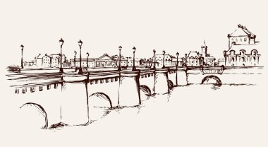 Eski ünlü taş kavisi yolun, Ile de la Cite. Serbest el anahat mürekkep el sanat retro doodle kontur stili kalem kağıt üzerinde kabataslak çizilmiş resim. Doğa Manzaralı panoramik metin için yer beyaz gökyüzü üzerinde