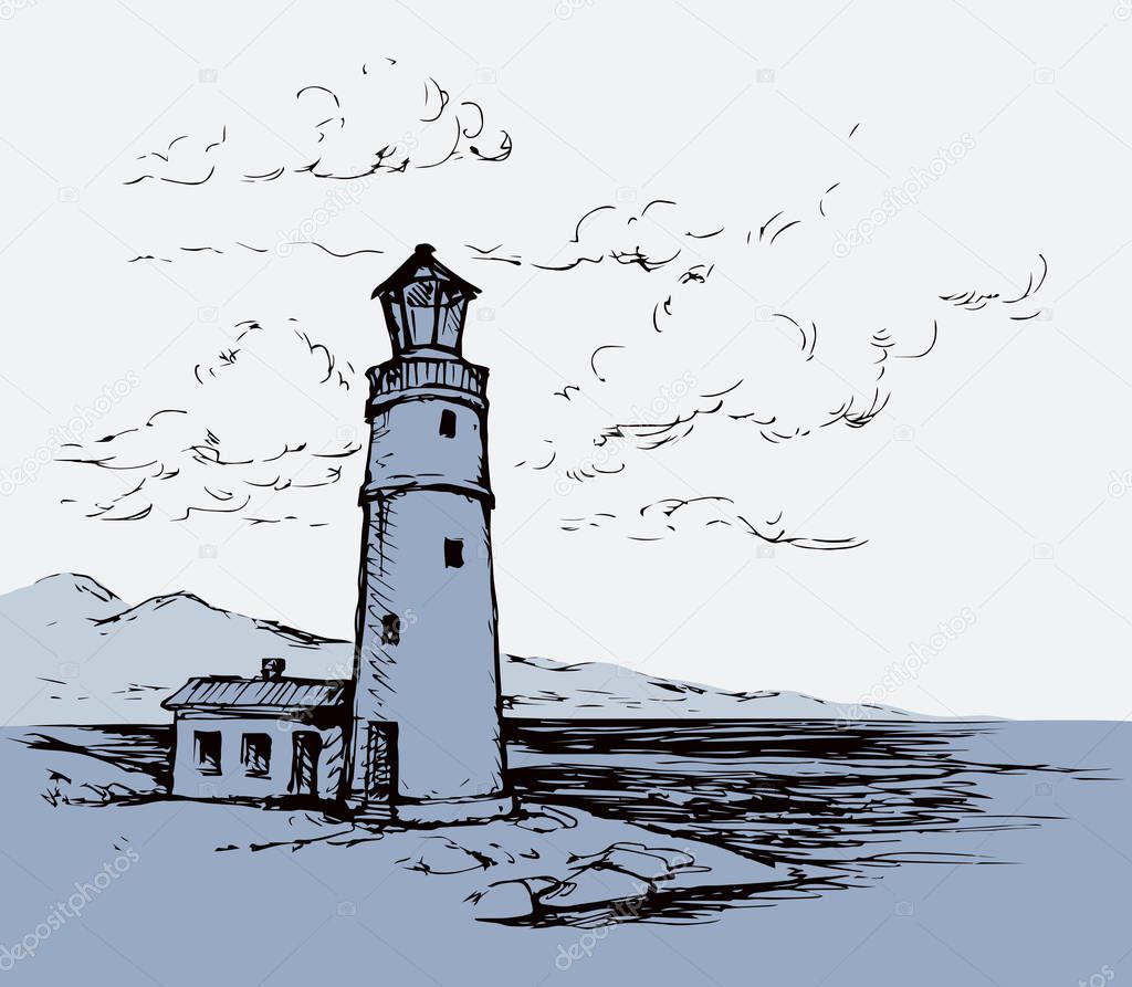 Summer stone hill bank scene isolated on white sky. Point lantern for ship or boat. Freehand line black ink hand drawn coastline sketchy in art retro cartoon doodle style pen on paper space for text