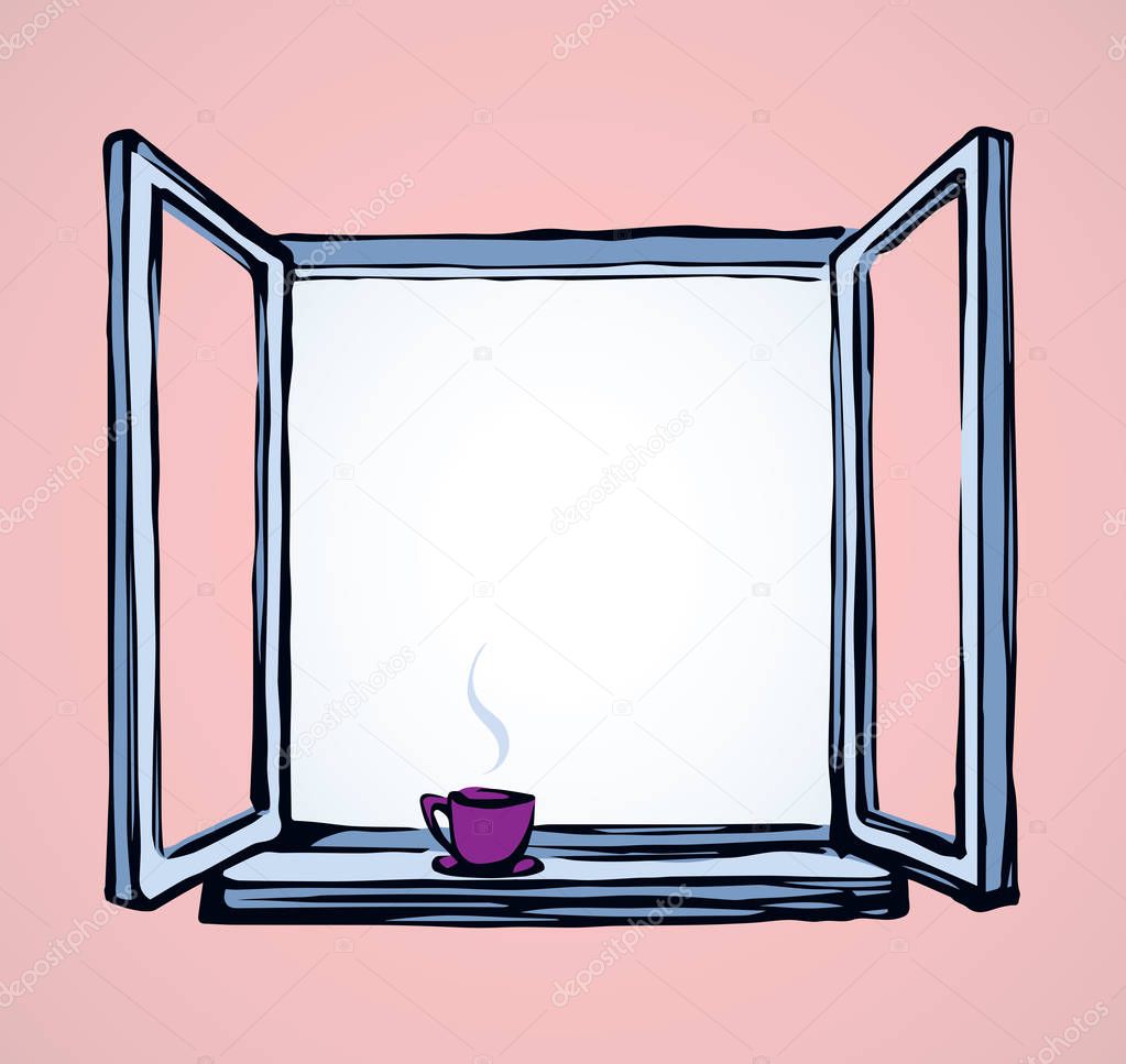 Old double pvc sash pane on light pink inside wall backdrop. Dark line ink hand drawn air see picture sign logo in retro art doodle cartoon engraved graphic style. Front view with space for text