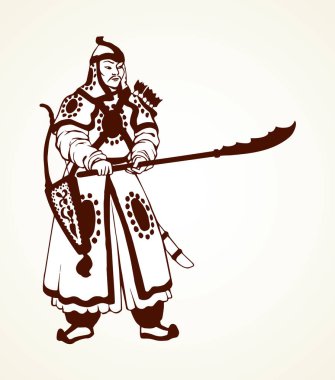 Etnik kumaş şapka üniformalı yaşlı bir erkek kahraman figürü, guan dao, beyaz kağıt arka planda izole edilmiş ok. Çizgi siyah mürekkep elle çizilmiş sembol simgesi işaret resmi çizimi sanat retro çizgi film tarzında