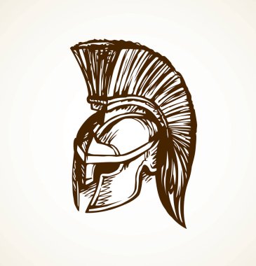 Historic past golden leonidas helm on white backdrop. Freehand outline black ink hand drawn picture sign sketchy in art doodle cartoon retro style pen on paper. Closeup side view with space for text clipart