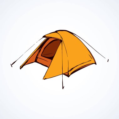 Açık gezici tatil köyü tente yerleşimi beyaz arka planda. Parlak sıcak zencefil sarısı renkli logo modern karalama şeklindeki kalemle kağıda çizilmiş. Metin için yakın görünüm ve boşluk