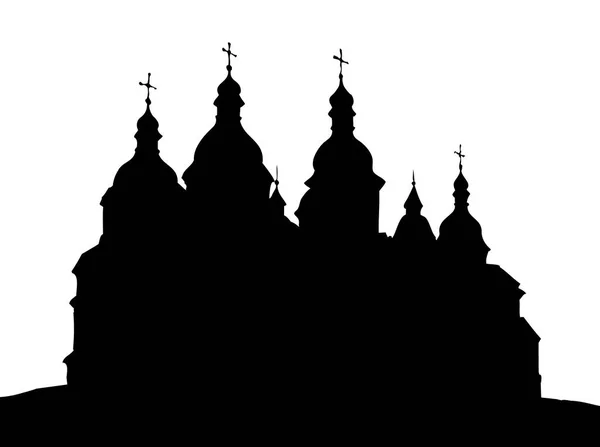 圣索菲亚索波尔在基辅孤立的白色背景 历史悠久的中世纪国家纪念馆 黑色墨水手绘符号在复古图形风格与空间的文字在天空 — 图库矢量图片