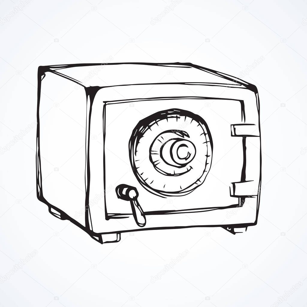 Strong safe on white backdrop. Web logo concept. Freehand linear black ink hand drawn emblem sketchy in art retro scribble contour graphic style. View closeup with space for text
