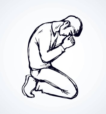 Beyaz arka planda günah depresif keder için yalvarma. Line Love Palm konsept logosunu övüyor. Siyah çizilmiş genç teşekkür et yalvararak kıvrıl beden parmağı eski sanat karikatür tarzında amblem