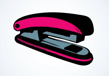 Kullanışlı pin birleştirme aygıtı yazı için açık masa masasında. Parlak kırmızı renkli kalem çizilmiş öğrenci işi düz logoti amblem resim çizimi karikatür tarzında kusurlu. Yan makro görünümü kapat