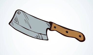 Beyaz arka planda büyük bir metal baltası var. Ana hatları siyah mürekkep çizili ev eşyası logosu amblemi kabataslak çizilmiş eski sanat karalama tarzı. Metin için boşluğa yakın kenar görünümü