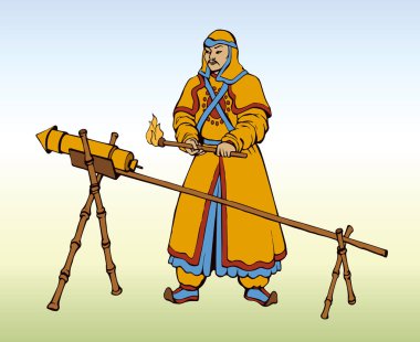 Etnik bez şapka üniforma, yay ok, beyaz kağıt arka plan üzerinde izole toz dinamit ile yaşlı erkek genel kahraman. Parlak renkli el sanat retro karikatür tarzı içinde sembol simge işareti kroki Kuvvetleri çekilmiş