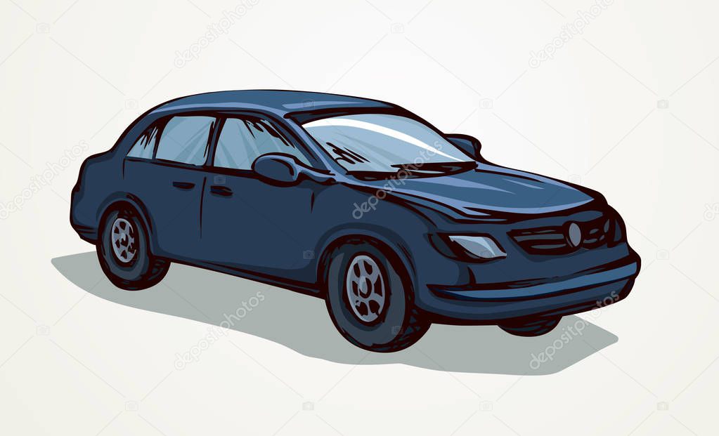 Cute city ad steering taxicab sedan smooth shape on white backdrop. Dark black color hand drawn logo sign pictogram emblem sketch in art scribble style on paper space for text. Side view