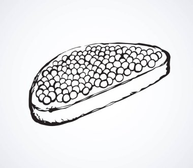 Çavdar ekmeğinin üzerine yağlı, leziz beluga yumurtası ekmekler. çizgi siyah renkli mürekkep çizili logo işaret simgesi çizimi klasik karalama grafik karikatür tarzı kalemle beyaz boşlukta yazı için. Yakın görünüm