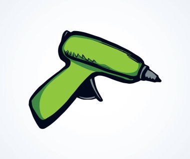 Kolu ev yapı iş motor nesne metin için Beyaz ahşap yer açın. Parlak yeşil renkli çizilmiş emek modern sanat karikatür tarzı içinde plastik kordon delik makinesi logo piktogram işareti yükleyin. Closeup görünümü