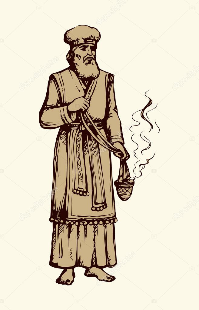 Moses torah historic divine culture. Old bearded Aaron in tunic, turban with censer of incense. Line black ink hand drawn judaic levit leader picture sketch in vintage art east engrave cartoon style
