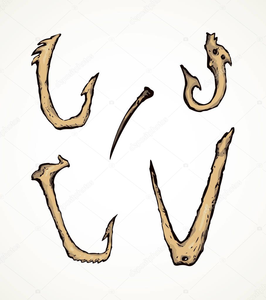 Aged ivory bony jaw cave era museum artifact. Freehand outline black ink hand drawn hunter logo emblem design in archaic art cartoon doodle etched style pen on white paper. Close up detail view