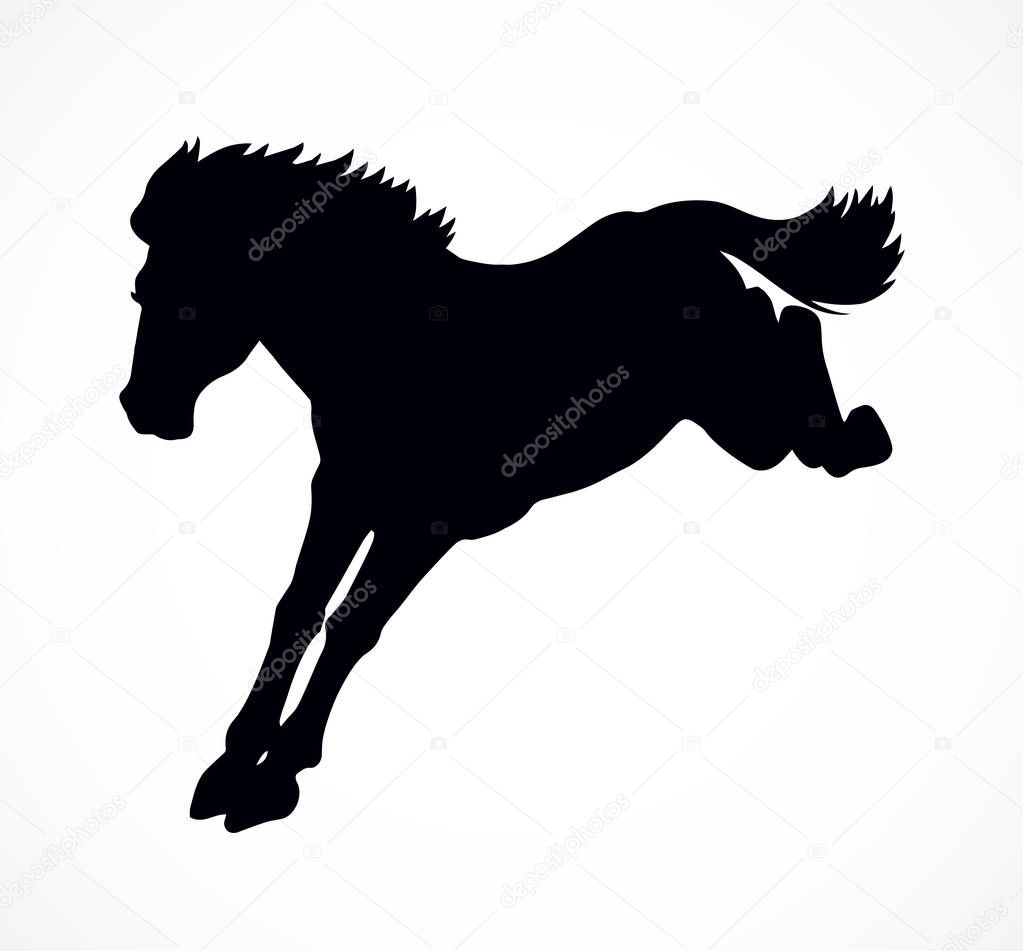 Gorgeous pride courser with long tail smartly rearing up on white ranch paddock. Dark ink hand drawn andalusian hoss emblem logotype pictogram in retro art engraved print style on paper space for text