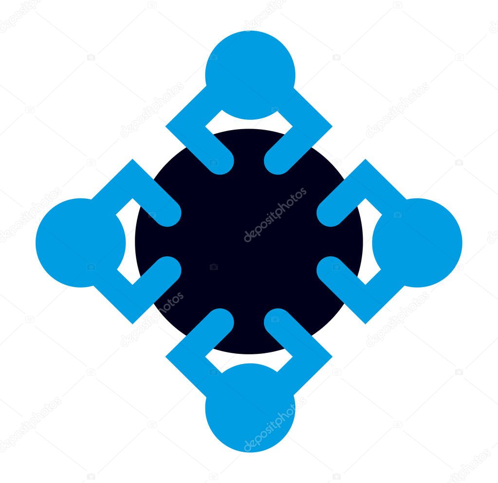 Emblem of alliance deal ideograph. Squad of four blue crew council job debate at black round table in office room. Top view of help plan idea concept. Creative art graphic design on white background