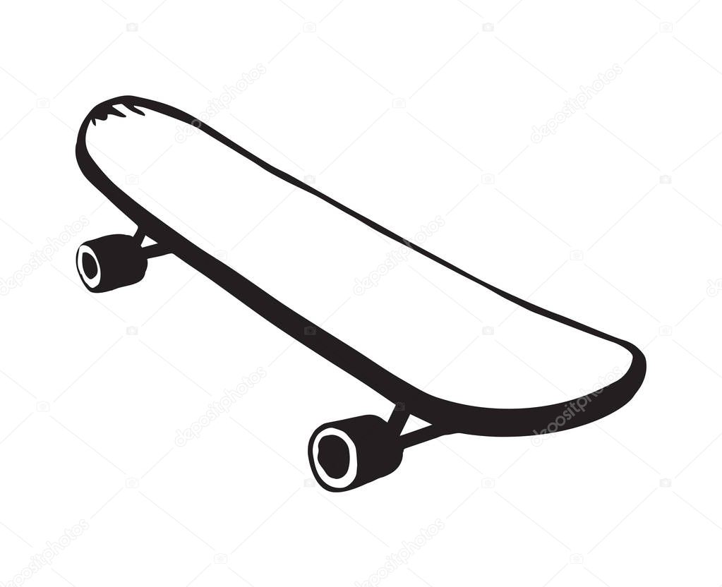 Simple old skate isolated on white backdrop. Freehand outline black ink hand drawn picture sketchy in grunge art scribble style pen on paper. Close up top view with space for text