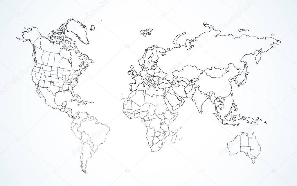 World map. Continents with the contours of the countries. Vector