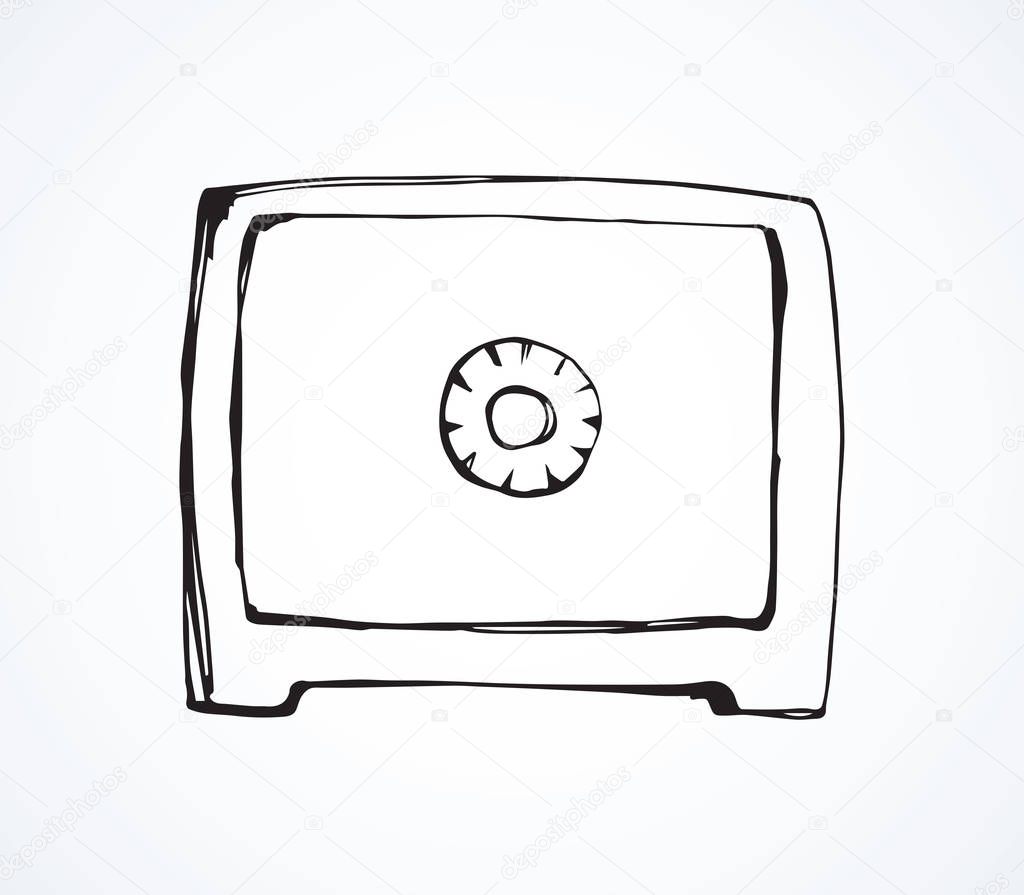 Strong safe on white backdrop. Web logo concept. Freehand linear black ink hand drawn emblem sketchy in art retro scribble contour graphic style. View closeup with space for text