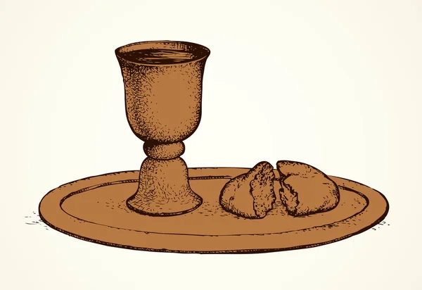 Vector symbols of Communion. Broken bread and wine in bowl — ストックベクタ