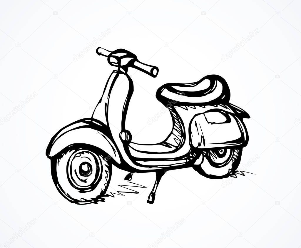 Small power retro cruiser sportbike pictogram on light space for text. Freehand outline dark ink hand drawn logotype emblem picture design in art doodle modern style pen on paper. Closeup side view