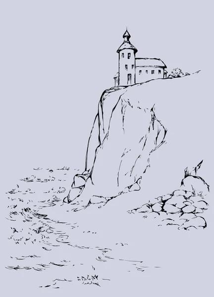 Faro su una roccia. Disegno vettoriale — Vettoriale Stock