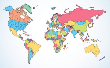 Dünya Haritası. Kıta ülkeleri kıvrımlarına ile. Vektör