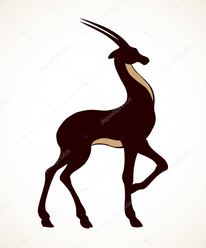 Beautiful big slim noble proud Antilopinae Bovidae on light field backdrop. Dark ink colot hand drawn logo emblem pictogram  in art contour print retro style. Side view with space for text on white sky