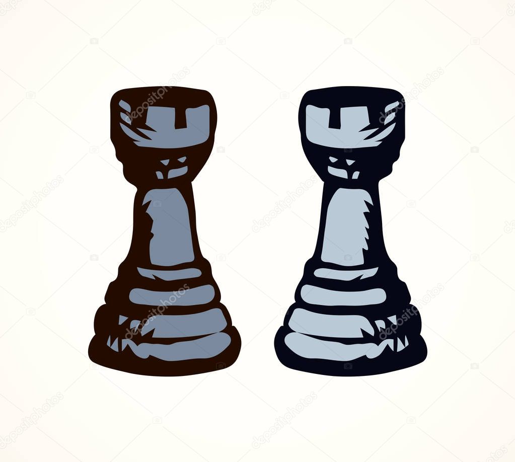 Rank war toy shape on check board backdrop. Freehand dark line ink hand drawn chessmen winner element logo emblem sketchy in antique art doodle engraved style pen on paper space for text. Closeup view