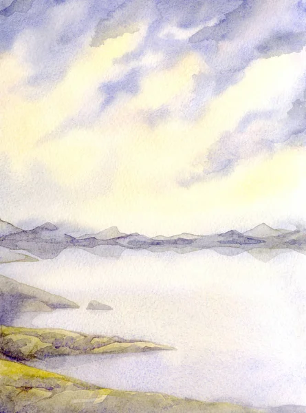 Watercolor landscape. Clouds in the sky over the lake