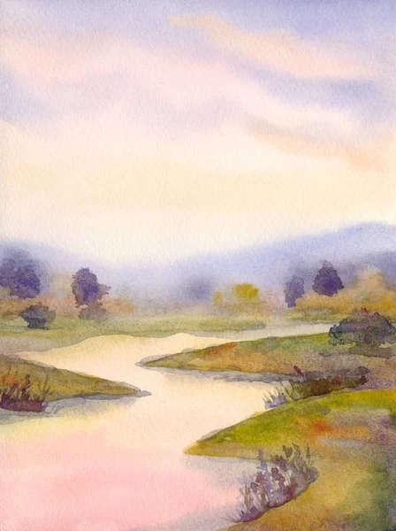 Watercolor landscape. Sunset over the river — Stock Photo, Image