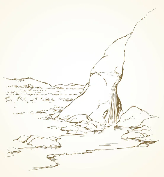 Cachoeira no deserto. Oásis. Desenho vetorial — Vetor de Stock
